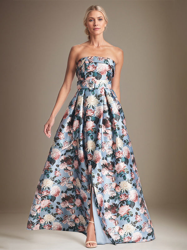Robe mère de la mariée en satin, ligne A, épaules dénudées, à fleurs