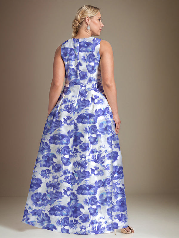 Vestido de Mãe da Noiva Floral Azul Azure com Decote em V e Corte A