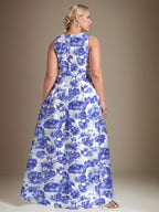 Vestido de Mãe da Noiva Floral Azul Azure com Decote em V e Corte A