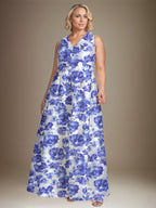 Vestido de Mãe da Noiva Floral Azul Azure com Decote em V e Corte A