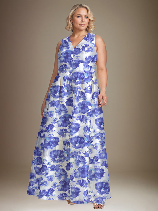 Vestido de Mãe da Noiva Floral Azul Azure com Decote em V e Corte A
