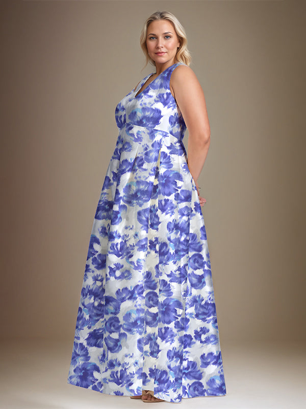 Vestido de Mãe da Noiva Floral Azul Azure com Decote em V e Corte A