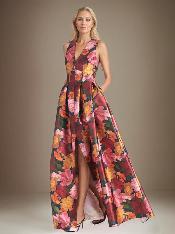 A-Linien Kleid mit V-Ausschnitt und Blumenmuster, Mutter der Braut