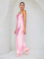 A Line Pink Satin Spaghetti Straps Sleeveless Ankle Length Dress
