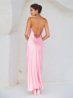 A Line Pink Satin Spaghetti Straps Sleeveless Ankle Length Dress
