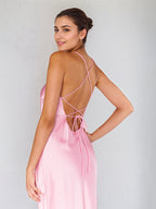 A Line Pink Satin Spaghetti Straps Sleeveless Ankle Length Dress