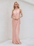 Rosa Satin Neckholder ärmelloses bodenlanges Kleid mit Schleife