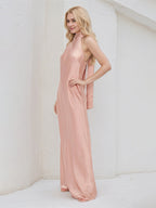 Rosa Satin Neckholder ärmelloses bodenlanges Kleid mit Schleife