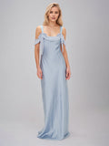Steel Blue Satin Sheath/Column Spaghetti Straps Sleeveless Floor Length Bridesmaid Dresses