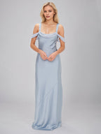 Steel Blue Satin Sheath/Column Spaghetti Straps Sleeveless Floor Length Bridesmaid Dresses