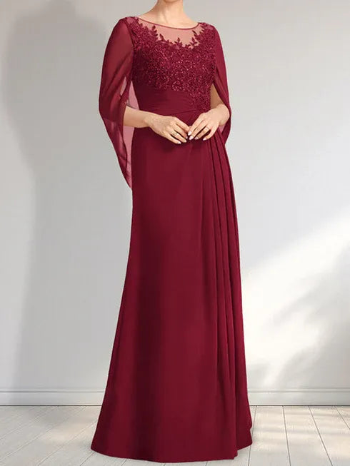 A-Linien Rundhals Illusions bodenlanges Spitzen-Chiffon Kleid für die Brautmutter mit plissierten Pailletten