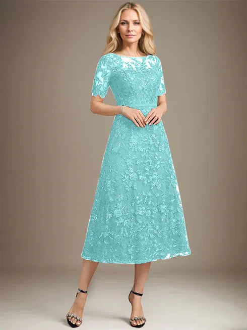 A-Linien Rundhals Illusions-Tea-Length Spitzenkleid der Brautmutter mit Pailletten