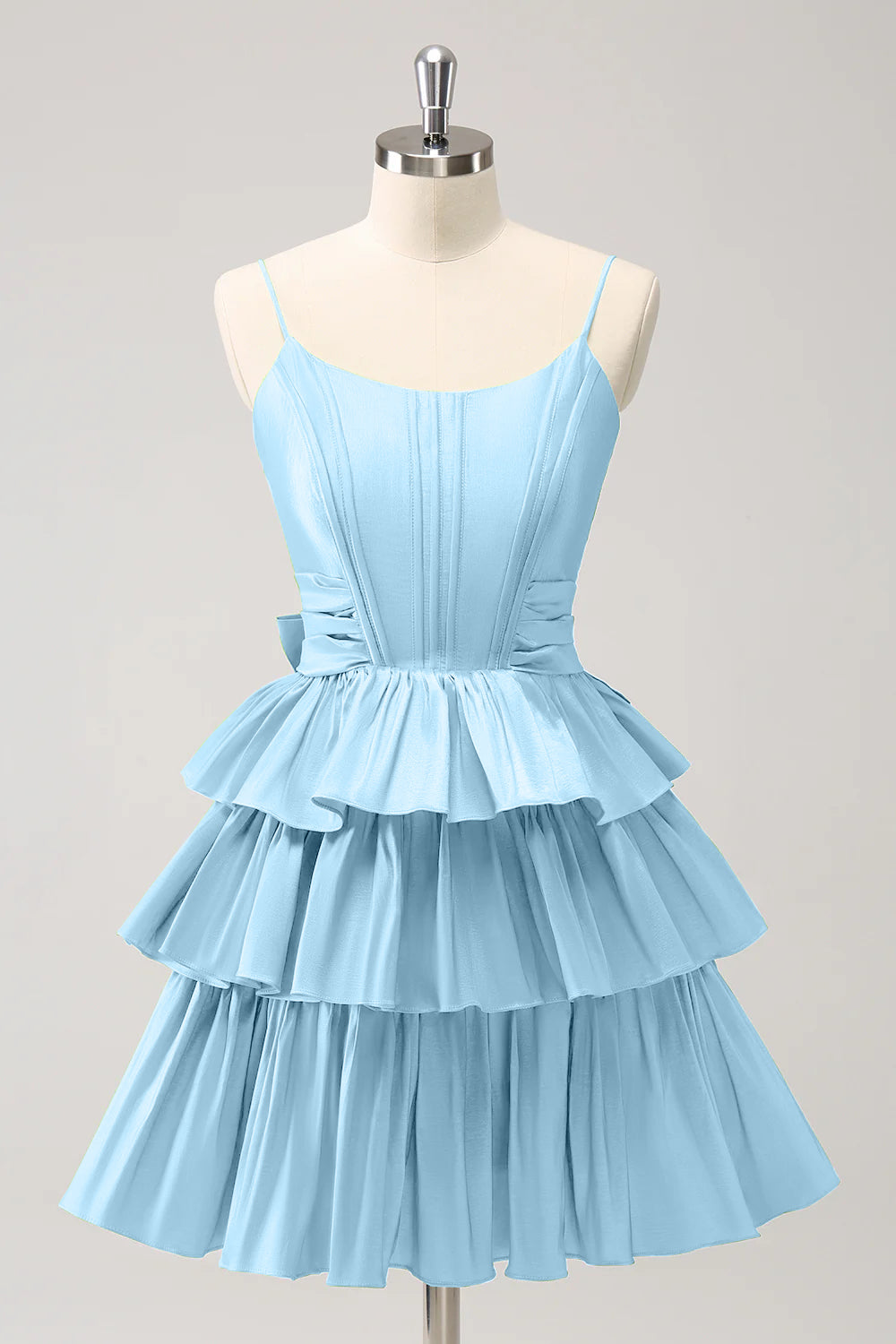 A-Linien Corsagen-Kleid mit Spaghettiträgern, gestuften Rüschen und Schleife für den Abschlussball