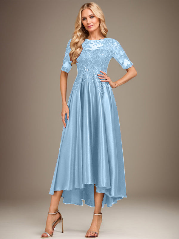 A-Linie Rundhalsausschnitt Illusion Asymmetrisches Stretch-Satin-Spitzen-Brautmutterkleid mit Pailletten