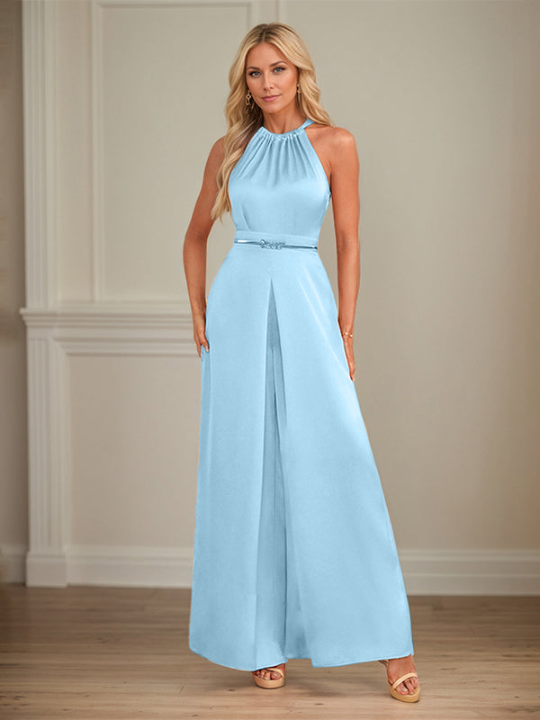 Jumpsuits Neckholder bodenlanges Satin Hochzeitskleid