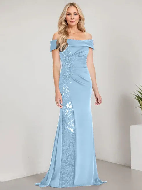 A-Linien Schulterfreies bodenlanges Brautmutterkleid mit Applikationen und Perlenbesatz Meerjungfrauenkleid mit hohem Schlitz