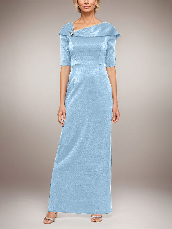 Langes schimmerndes Säulenkleid mit umgeschlagenem Ärmelbündchen, L-Ausschnitt und Ellbogenärmeln