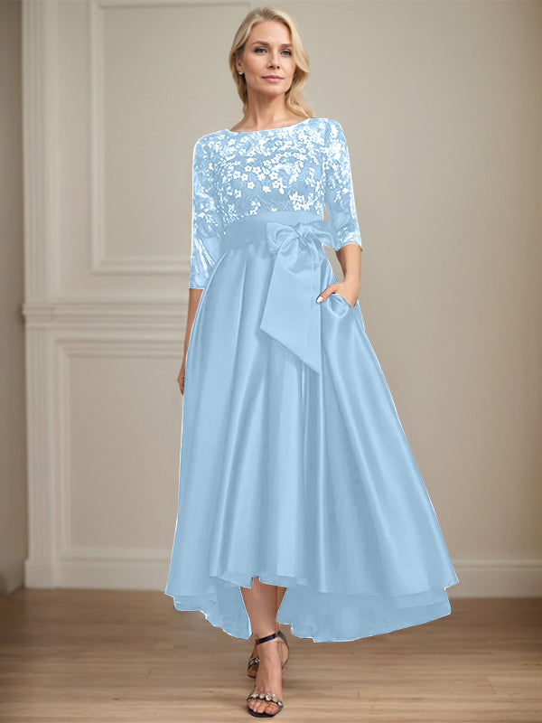 A-line Scoop Illusion Asymmetrical Satin Lace Mother of the Bride Dress With Bow