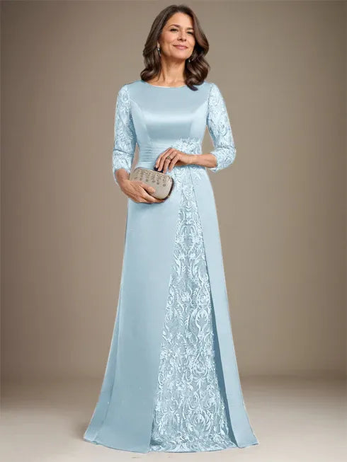 Vestido de madre de la novia largo hasta el suelo con encaje, satén, línea A, escote redondo y aplicaciones