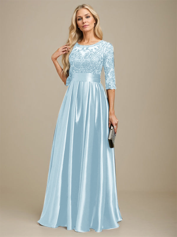 A-Linien Ausschnitt Illusions bodenlanges Stretch-Satin-Spitzenkleid für die Brautmutter mit Schleife und Pailletten