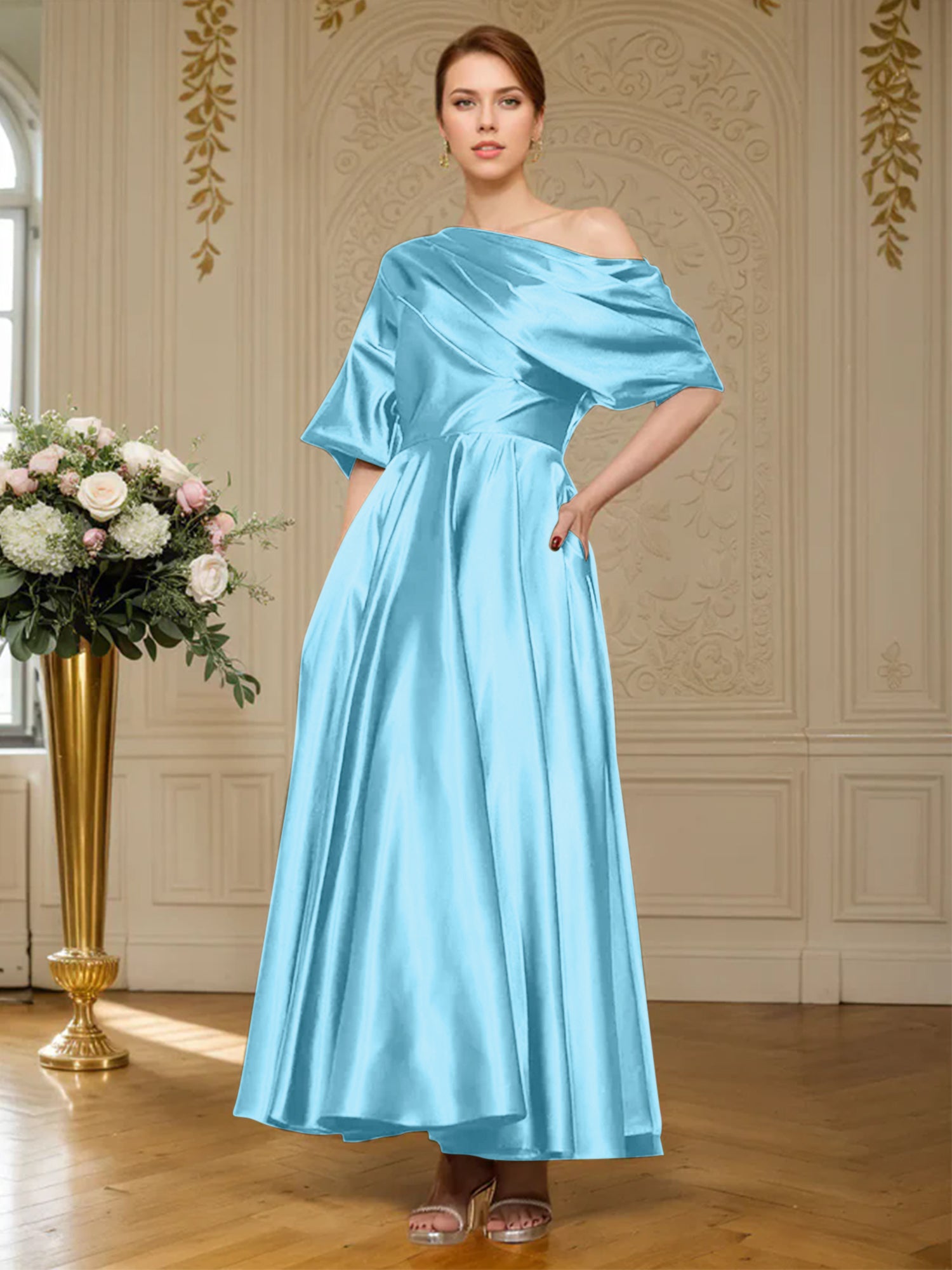 A-Linien Kurzarm plissiertes knöchellanges seidenähnliches Satin Kleid für die Brautmutter