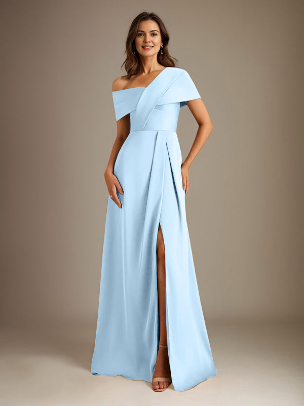 A-Linien asymmetrischer Ausschnitt bodenlanges Satin-Brautkleid für die Brautmutter mit Falten