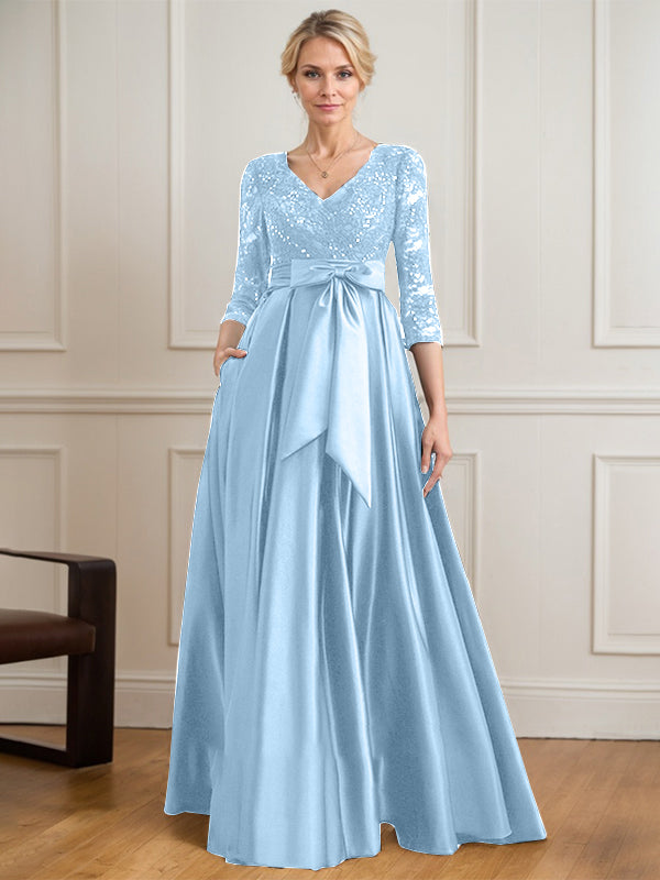 Robe mère de la mariée en satin et dentelle, coupe trapèze, col en V, longue avec nœud à sequins