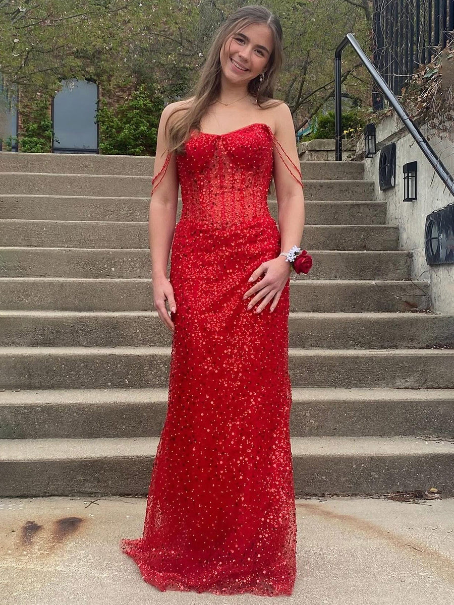 Vestido largo de fiesta estilo sirena con tirantes con cuentas y lentejuelas