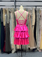 Beaded Open Back Ruffle Short Fuchsia Homecoming Dress