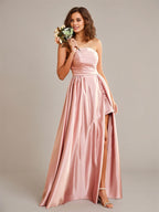 Dusty Rose A Line Satin Off the Shoulder Sleeveless Floor Length Bridesmaid Dresses