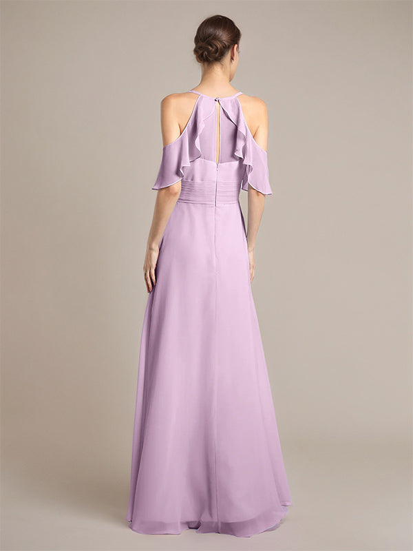 Abito da damigella in chiffon lilla a linea A con spalline sottili e senza maniche, lunghezza fino a terra con volant