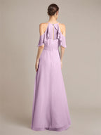 Abito da damigella in chiffon lilla a linea A con spalline sottili e senza maniche, lunghezza fino a terra con volant
