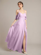 Abito da damigella in chiffon lilla a linea A con spalline sottili e senza maniche, lunghezza fino a terra con volant