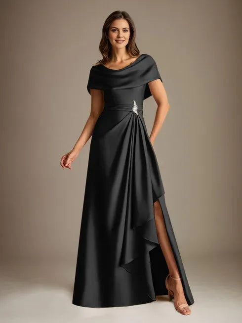 A-Linien-Kleid mit Rundhalsausschnitt, bodenlang, aus Stretch-Satin, Brautmutterkleid mit fallenden Rüschen