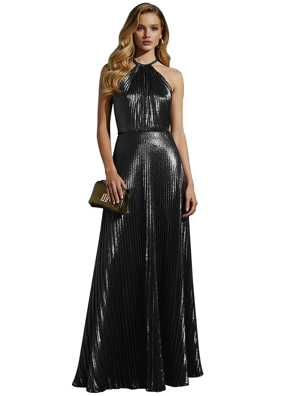 Robe de bal longue plissée en or champagne luxueux à col licou