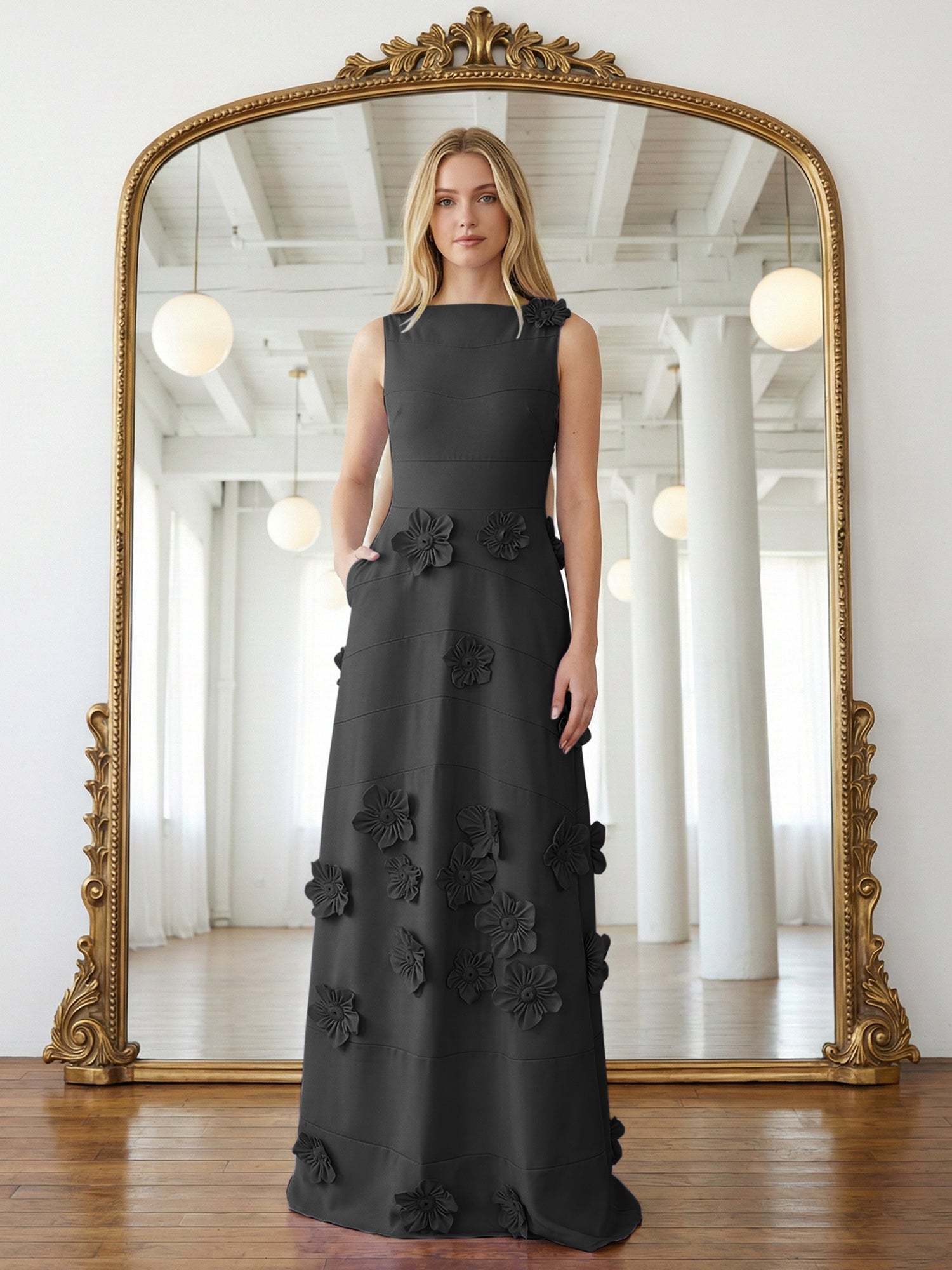 Lavendelfarbenes formelles Kleid mit U-Boot-Ausschnitt und herabfließenden 3D-Blumen