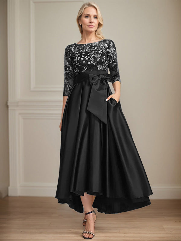 A-line Scoop Illusion Asymmetrical Satin Lace Mother of the Bride Dress With Bow