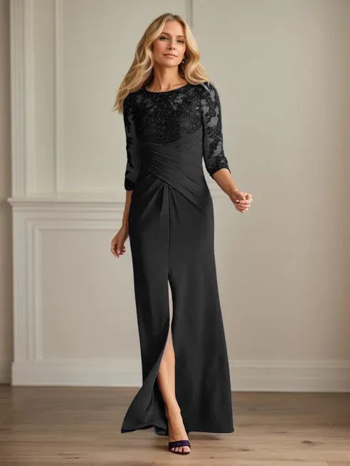 Pflaumenfarbenes eng anliegendes Spitzen Stretch Krepp Kleid für die Brautmutter