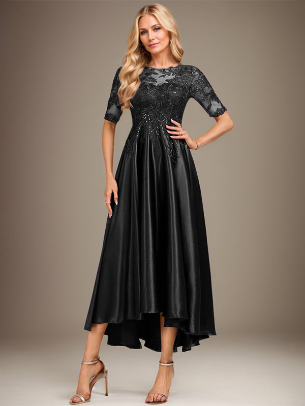 A-Linie Rundhalsausschnitt Illusion Asymmetrisches Stretch-Satin-Spitzen-Brautmutterkleid mit Pailletten