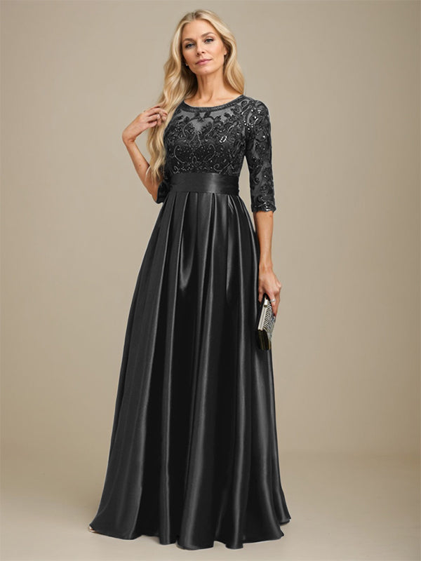 A-Linien Ausschnitt Illusions bodenlanges Stretch-Satin-Spitzenkleid für die Brautmutter mit Schleife und Pailletten