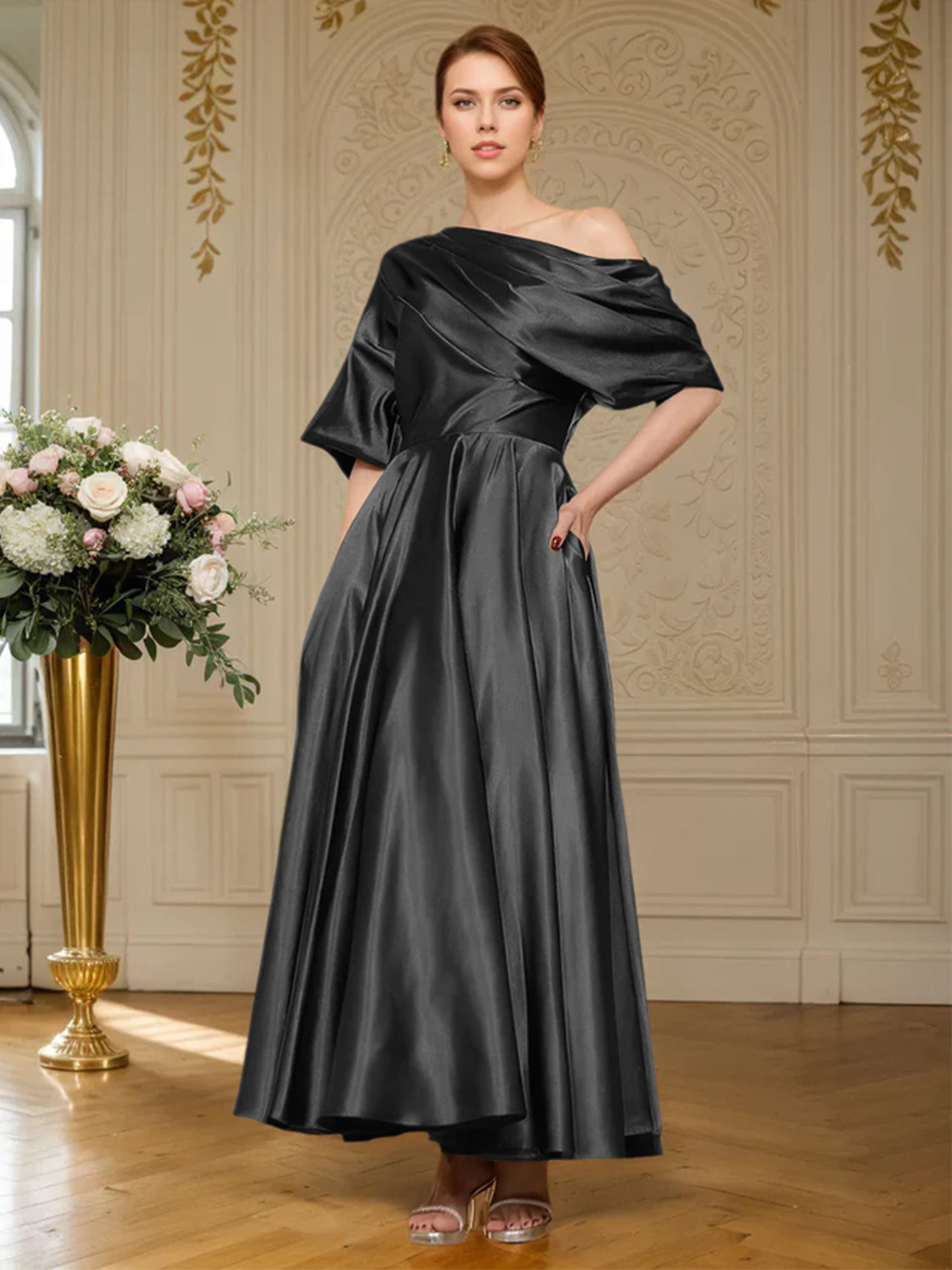 A-Linien Kurzarm plissiertes knöchellanges seidenähnliches Satin Kleid für die Brautmutter