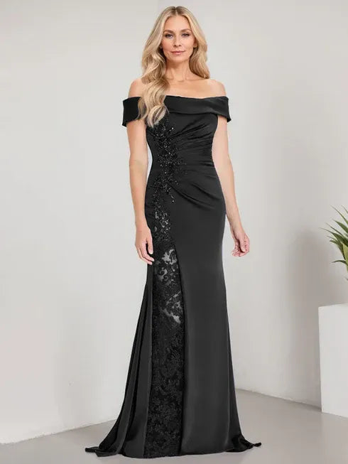 A-Linien Schulterfreies bodenlanges Brautmutterkleid mit Applikationen und Perlenbesatz Meerjungfrauenkleid mit hohem Schlitz