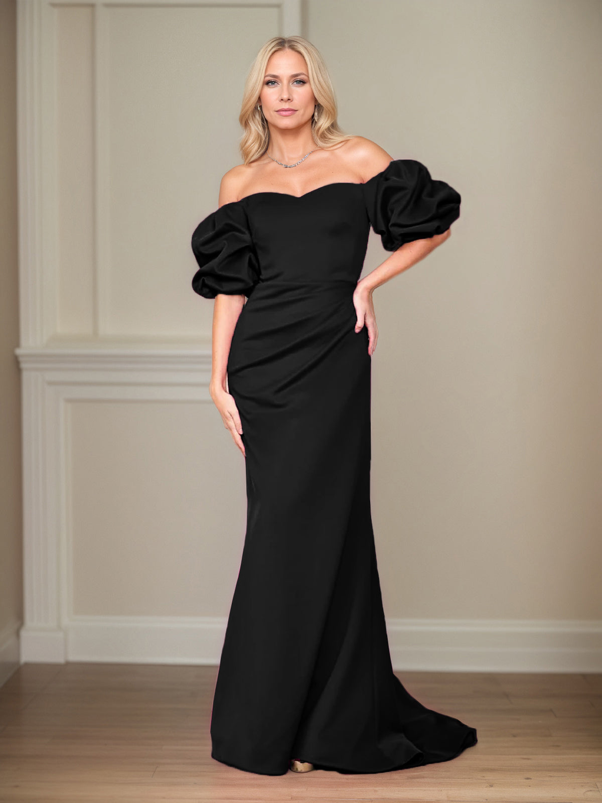 Satin Etuikleid/Säulenkleid mit schulterfreiem Puffärmel, bodenlang, Mutter der Braut Kleid