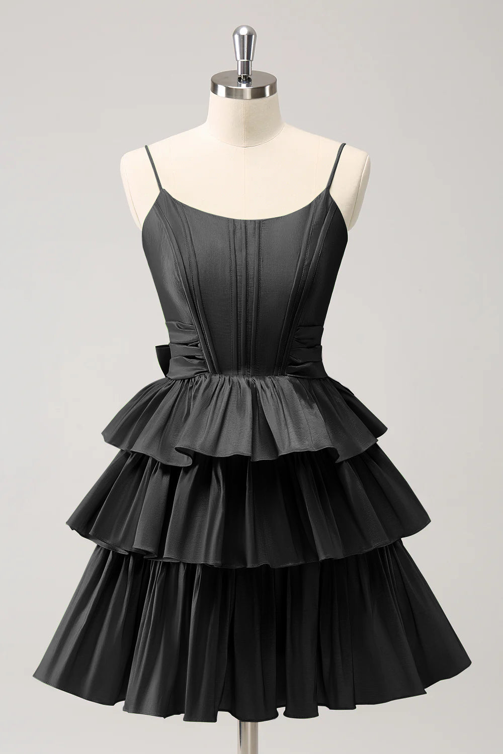 A-Linien Corsagen-Kleid mit Spaghettiträgern, gestuften Rüschen und Schleife für den Abschlussball