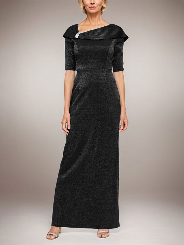 Langes schimmerndes Säulenkleid mit umgeschlagenem Ärmelbündchen, L-Ausschnitt und Ellbogenärmeln