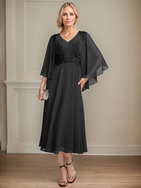A-Linien-Brautmutterkleid aus Chiffon, V-Ausschnitt, tea-length mit Spitze, Pailletten und Perlen