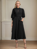 A-Linien Kleid mit hohem Kragen, tea-länge, Spitze und Chiffon, Brautmutterkleid mit Schleife