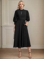 A-Linien Kleid mit hohem Kragen, tea-länge, Spitze und Chiffon, Brautmutterkleid mit Schleife