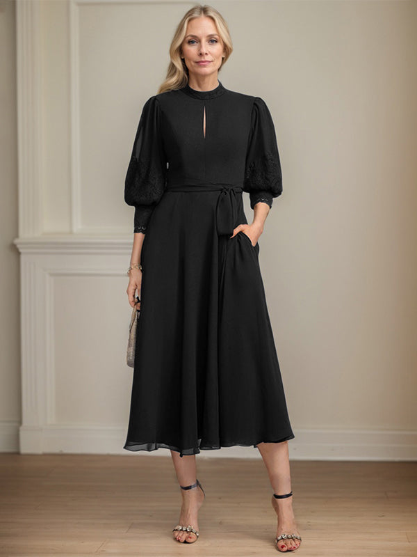A-Linien Kleid mit hohem Kragen, tea-länge, Spitze und Chiffon, Brautmutterkleid mit Schleife