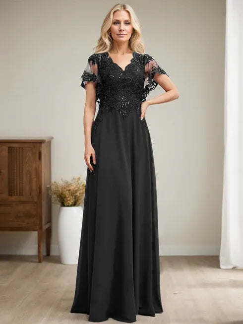 A-Linien V-Ausschnitt Bodenlanges Spitzen-Chiffon Kleid für die Brautmutter mit Pailletten
